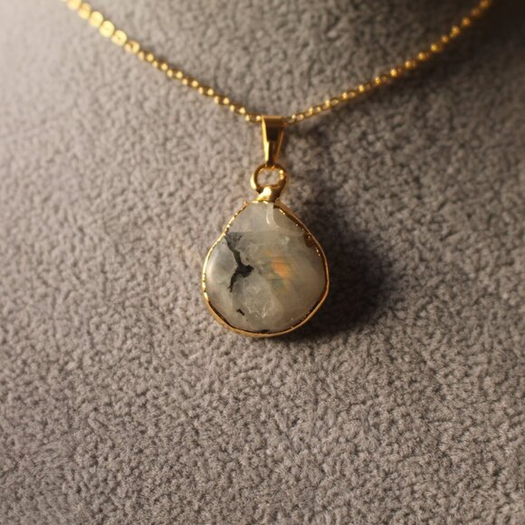 Natural Moonstone Teardrop Pendant Necklace – Gold Trim Glow Charm - Picture 2 of 5
